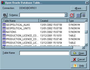 LEA Open Oracle Table dialog